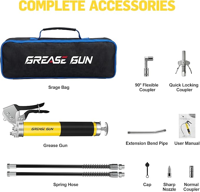 Pneumatic Grease Gun Kit,10000 PSI Heavy Duty Pistol Grip Grease Gun with 14 oz Capacity, 2×18 Inch Resin Flex Hoses, 4 Versatle Couplers & Extension Rigid Pipe, Ideal for Automotive, Marine