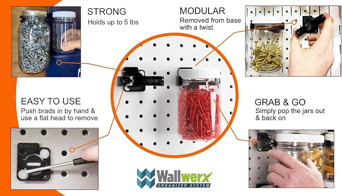 Pegboard Containers, Wall Organizer System, 16oz Clear Plastic Jar with Lid, 2-Pack, Secure and Modular for Home, Office, Craft, Garage, Storage and Organization.
