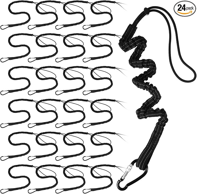 LEIFIDE 24pcs Tool Lanyard Standard Length Safety Tool Leash 17.6lb 8kg Tough Adjustable Fall Protection Tether with Aluminum Screw Lock Buckle, Shock Cord Stopper and Retractable Loop End, Black