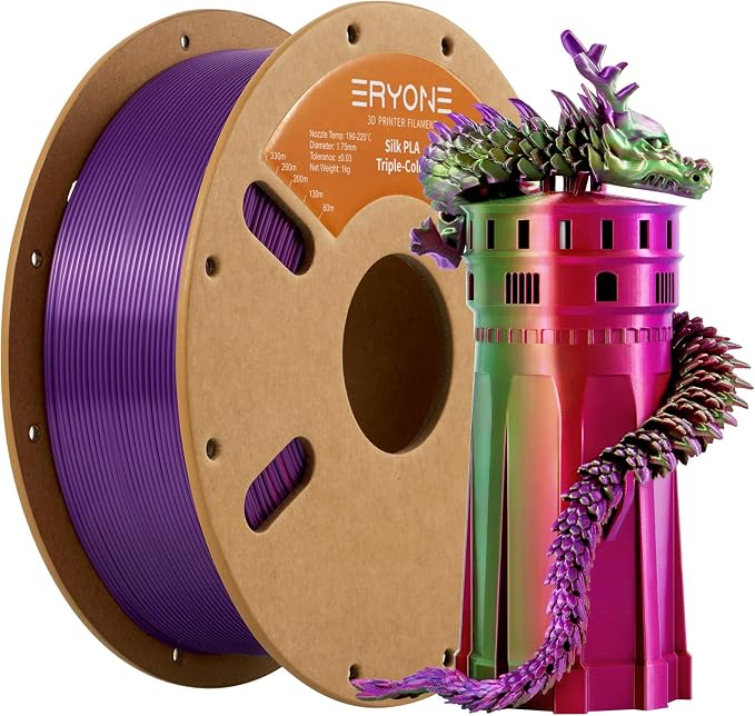 ERYONE Silk Tri Color PLA Filament 3D Printer 1.75mm +/- 0.03mm, Multicolor Filament Tricolor PLA 1KG(2.2lbs) Cardboard Spool, Red Purple Green