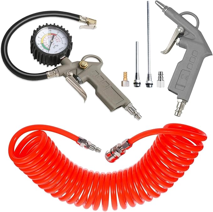 7-Piece Multi-Purpose Air Compressor Accessory Kit, Air Blow Gun and Extendable Air Nozzles, 5 Meter Long PU Air Hose, 100PSI Tire Pressure Gauge with Inflator, 1/4" NPT Air Coupler