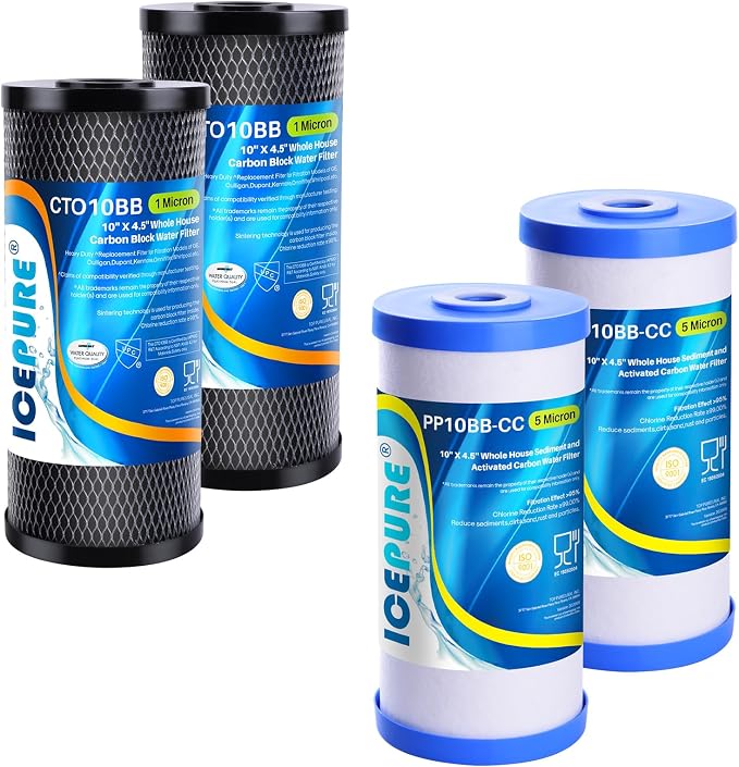 ICEPURE 10"X4.5",1 Microns Whole House Sediment Activated Carbon Water Filter Compatible with Dupont WFHDC80012PACK and ICEPURE 10" x 4.5" Whole House Water Filter Compatible with GE FXHTC 2 Pack