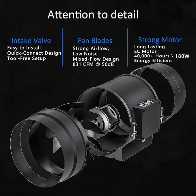 Toolazy 8 Inch Inline Duct Fan, 831 CFM High Airflow EC Motor Ventilation Fan with 10-Speed PWM Controller, Low Noise 50dB Mixed-Flow Exhaust Fan for Grow Room Greenhouse HVAC Commercial Ventilation