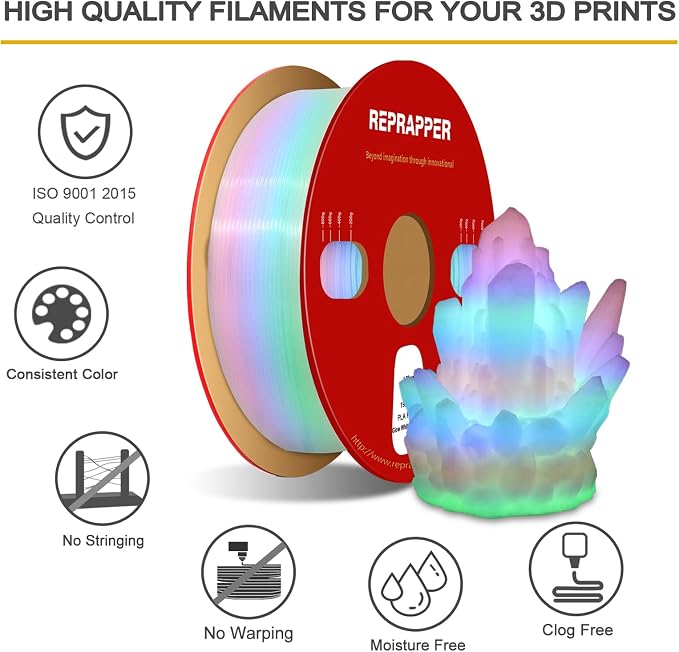 RepRapper Glow in the Dark White to Rainbow PLA Filament 1.75mm (+- 0.03mm) 2.2lb (1kg) for 3D Printer, White Material with Rainbow Multicolor Glow Effect