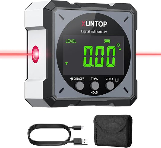 XUNTOP USB Charging Digital Level Box Angle Finder with Laser (Class 2, <1mW Output), 4-Side Strong Magnetic Angle Gauge IP54 Waterproof Inclinometer Level, Saving Effort Hanging Decorations-Gray