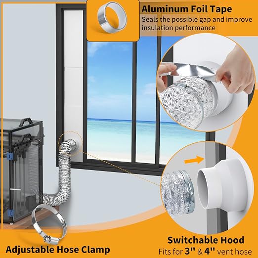 LBG Products Window Vent Kit with Louvered Vent Cover for 3"&4" Vent Hose, Adjustable Window Seal Kit with Switchable Hood for Laser Engraver 3D Printer Enclosure Dryer with 3"/4" Exhaust Ventilation