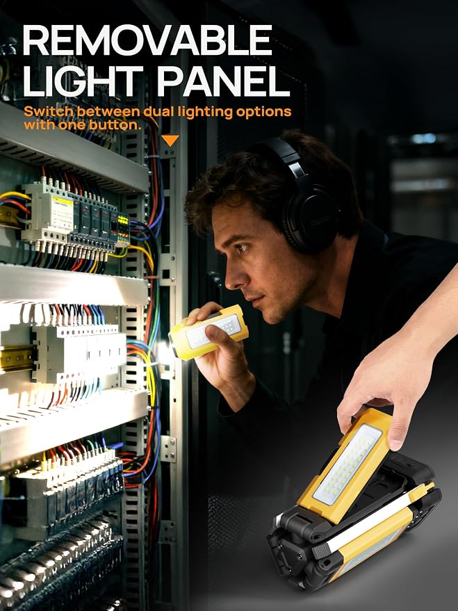Rechargeable Work Light with Stand, 3 Detachable Panels (Large) | 10000mAh battery, Independent light panels, Telescopic tripod, Built-in feet, Storage bag, Yellow portable work light