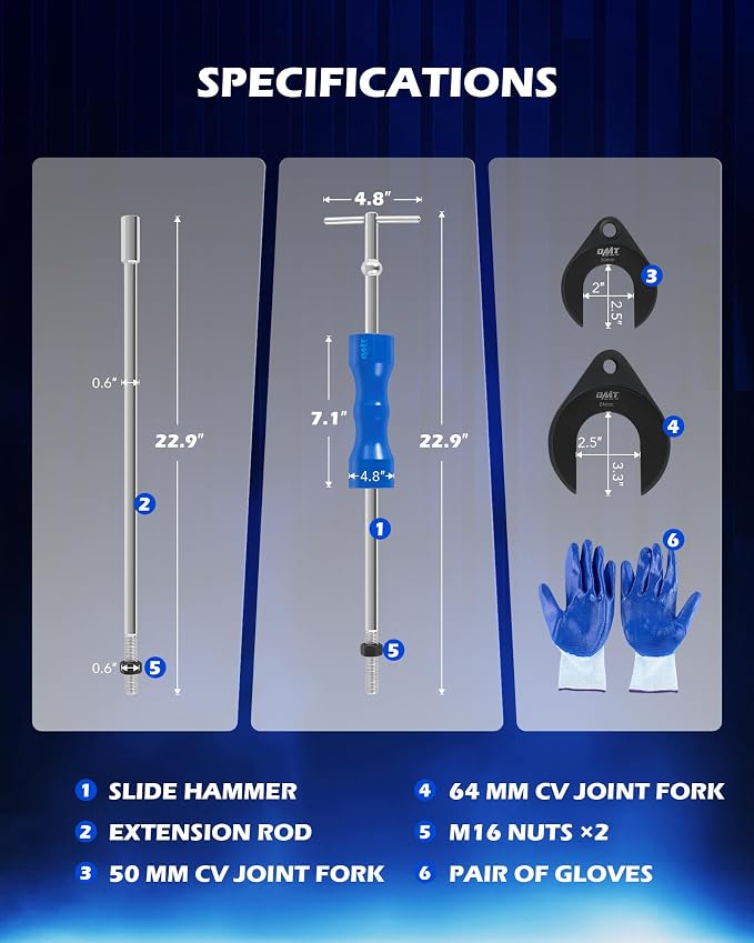 Orion Motor Tech CV Axle Removal Tool, 4-Pc Axle Puller Set with Slide Hammer | Heavy-duty 4-pc set includes slide hammer, 50 & 64mm forks. Compatible with Ford Taurus, Mercury Sable, Lincoln Navigator