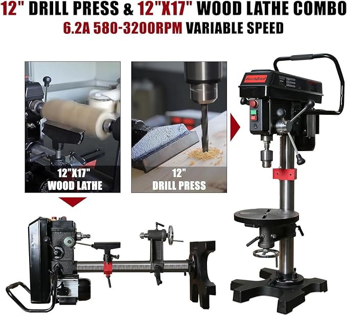 BUCKTOOL 3/4HP 12" Drill Press & 12"x17" Wood Lathe Combo, 6.2Amp 580-3200RPM Variable Speed Benchtop Drill Press and Woodworking Lathe with Tool Rest