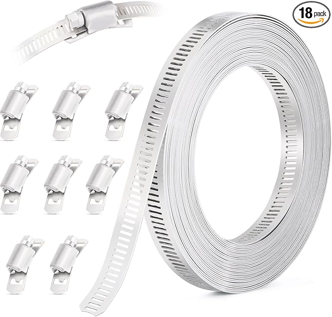 OURU 10FT Hose Clamps,304 Stainless Steel Hose Clamp Assortment Kit DIY Metal Strapping with Holes+8 Fasteners,Adjustable Worm Gear Large Hose Clamps Metal Band Screw Clamp Straps for Pipe,Duct,Tube
