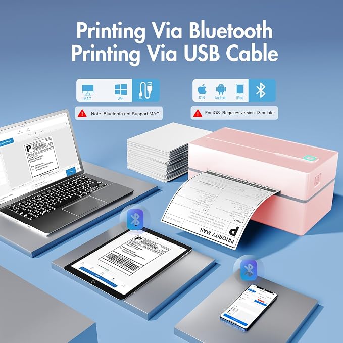 Bluetooth Thermal Shipping Label Printer: 4x6 Wireless Label Maker with Tape for Small Business - Compatible with iPhone, Android, Windows & Mac, Widely Used for USPS UPS Amazon Shopify, Pink