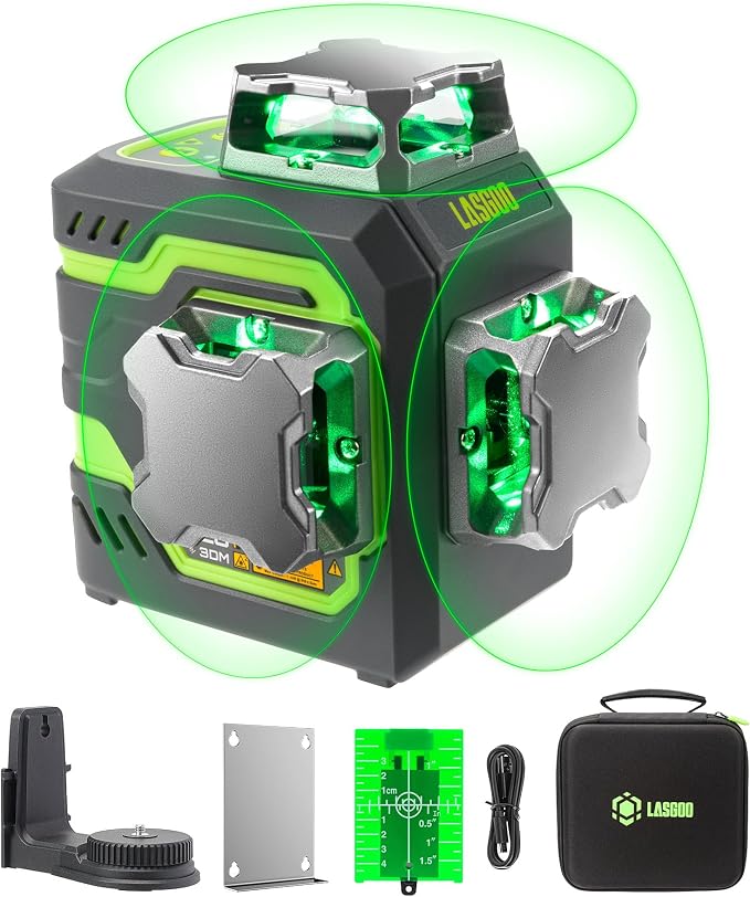 LasGoo LG-3DM Green Beam Laser Level, Self-Leveling 3x360° Cross Line Laser for Construction and Picture Hanging,LasGoo LG-REC01 Laser Receiver for Laser Level