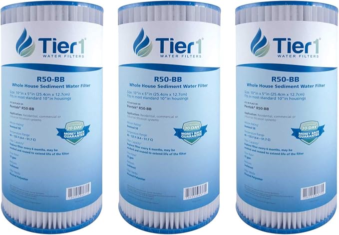 Tier1 50 Micron 10 x 4.5 Water Filter | Pleated Polyester Whole House Sediment Filter Cartridge | Replacement for Pentek R50-BB, 155053-43, SPC-45-1050 | High Flow 4.5 x 10 Water Pre-Filter (3-Pack)