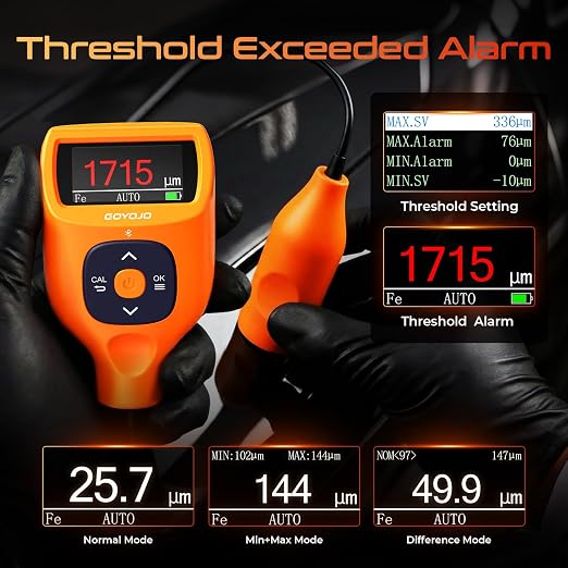 Professional Paint Thickness Gauge with APP & External Probe, 0-9900 μm (0-390 mils) Coating Thickness Meter, Auto Fe/Al/Zn/Fe(C) Detection, 0.1μm Resolution, ±(2%+1μm) Accuracy for Paint Inspection
