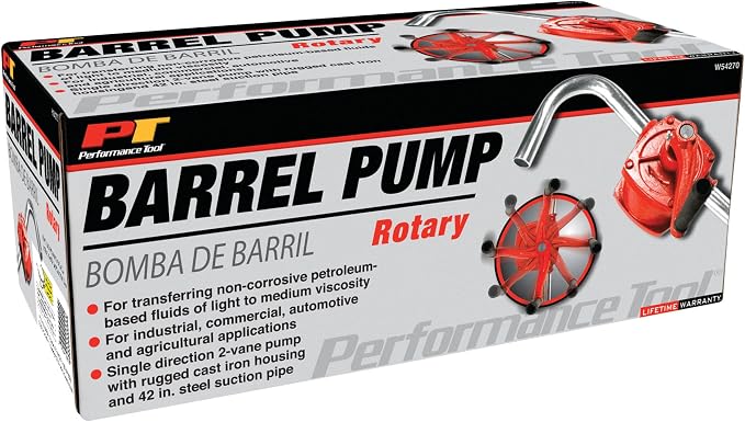 Performance Tool W54270 Rotary Barrel Pump, Pumps Light to Medium Viscosity Oils, 3 Piece Suction Pipe, 30-55 Gallon Barrels, Bung Adapter