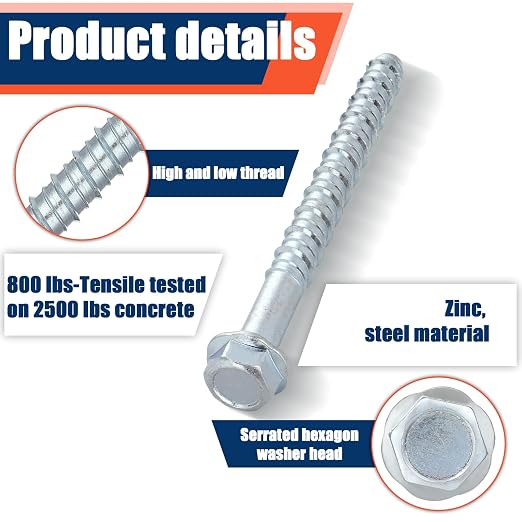 Tandefio 100 Pack 1/2" x 6" Concrete Screw Anchor Galvanized Large Diameter Heavy Duty Plated Concrete Anchors for Masonry Brick Anchoring Block Decking Framing Hex Drive