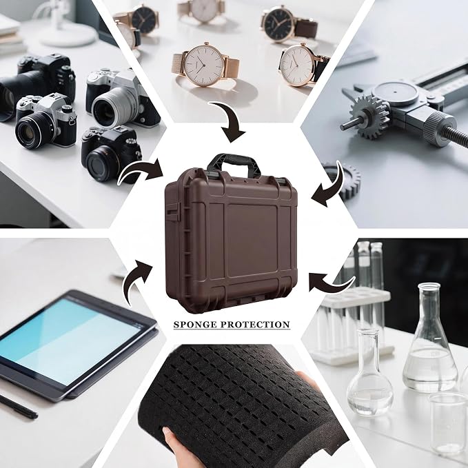Relaxweex 1 Pcs Waterproof Hard Case with DIY Customizable Foam Insert Portable Protective Case with Knife for Camera Drones Equipments Tools Test Instruments(Brown,14.3 x 11.4 x 4.5 Inch)