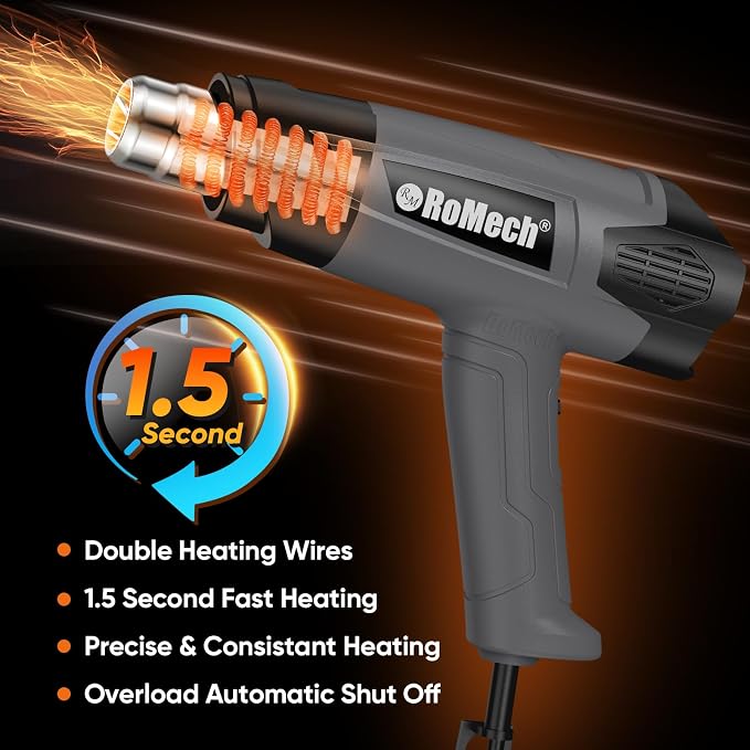 ROMECH 1500W Heavy Duty Heat Gun, Variable Temperature Control Hot Air Gun Kit with 2 Air Flow 120°F~1200°F and 4 Nozzles for Crafts Shrink Wrap (Gray)