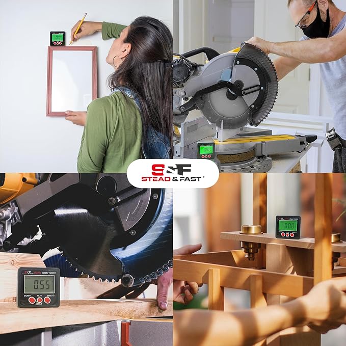 S&F STEAD & FAST Digital Angle Finder Magnetic with Case, Digital Angle Gauge, Backlit LCD, IP54, ±0.2° Accuracy for Table Saw, Woodworking, Construction