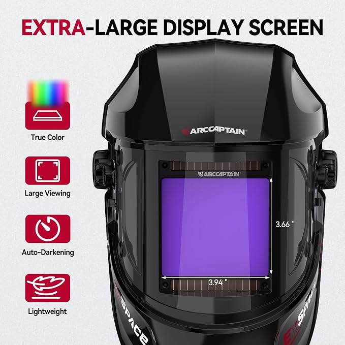 ARCCAPTAIN 3.94"X3.66" Welding Helmet Auto Darkening, 1/1/1/1 Top Optical Clarity Large Viewing Screen Solar Power Welding Hood with 4 Arc Sensor, Wide Shade 4-5/5-9/9-13 for TIG MIG ARC Welding CUT