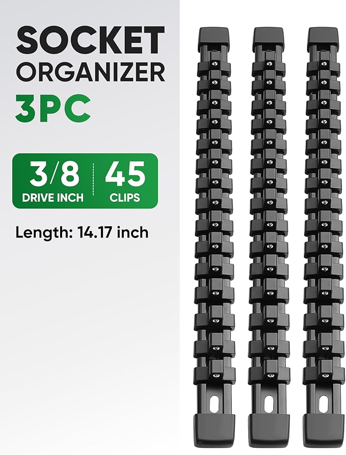 ALOANES 3PC ABS Socket Organizer, Socket Rails Fit 3/8 inch Drive | Portable Heavy Duty Socket Holders Hold up 45 Sockets for Toolbox Drawer Bags(Black)