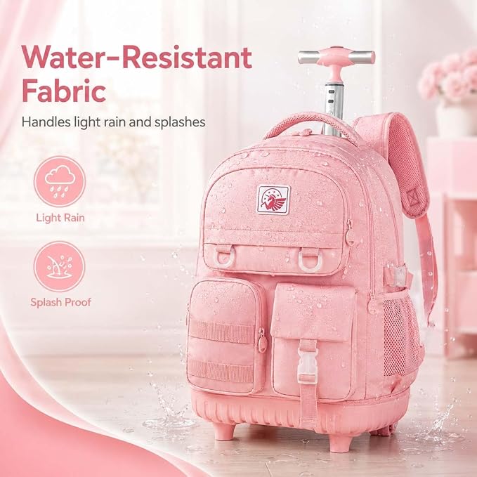 CCJPX Rolling Backpack for Girls Women, 21 inch Roller Wheels School Bookbag, Wheeled Suitcase Backpacks with Lunch Bag for Teen - Pink
