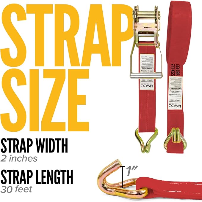 US Cargo Control Wire Hook Ratchet Straps 2 Inch x 30 Foot (10-Pack), 10,000 LBS Break Strength, Ratchet Straps Heavy Duty with Double J Hooks, Red Cargo Tie Downs for Flatbed Trailers and Trucks