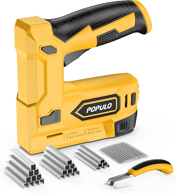POPULO Electric Staple Gun, 2 in 1 Electric Stapler Tacker 4V Cordless Brad Nailer Kit, Battery Powered Nail Gun for Upholstery, Carpentry, DIY with Staple Remover, 1600 Staples and Nails, Yellow