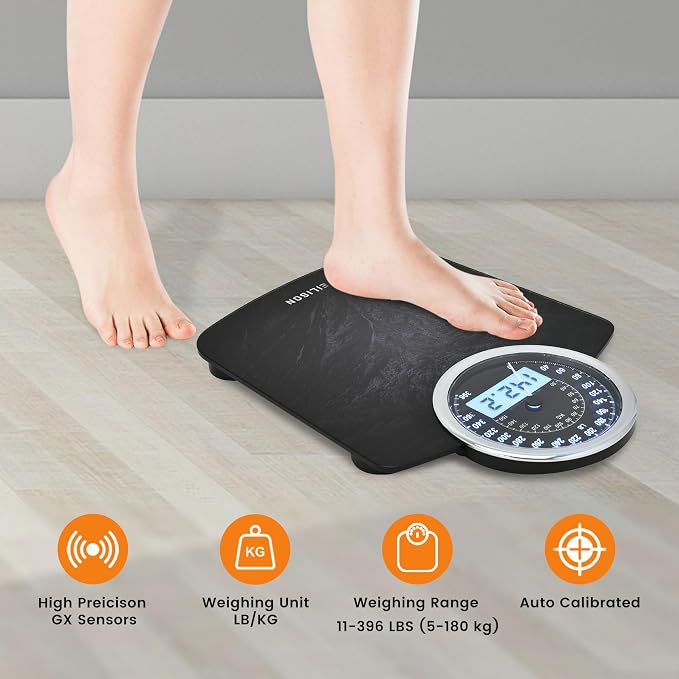 EILISON Highly Advance 2-in-1 Digital & Analog Weighing Scale for Body Weight-400lbs, 4 High Precison GX Sensor Accurate, Thick Tempered Glass, Extra Large Display (New Black)
