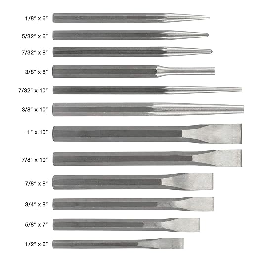 NEIKO 02623A Cold Chisel and Punch Set | 12 Piece | Cr-V Steel | Remove Pins and Bushings | Cut or Split Steel Objects