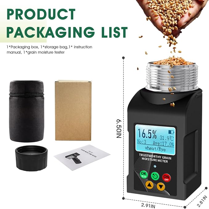 Grain Moisture Tester for 40 Grains, Smart Grain Coffee Bean Moisture Meter with Temperature Measurement, Data Storage, Portable Cup-Type Grain Moisture Detector for Wheat, Corn, Cocoa Beans, Seed