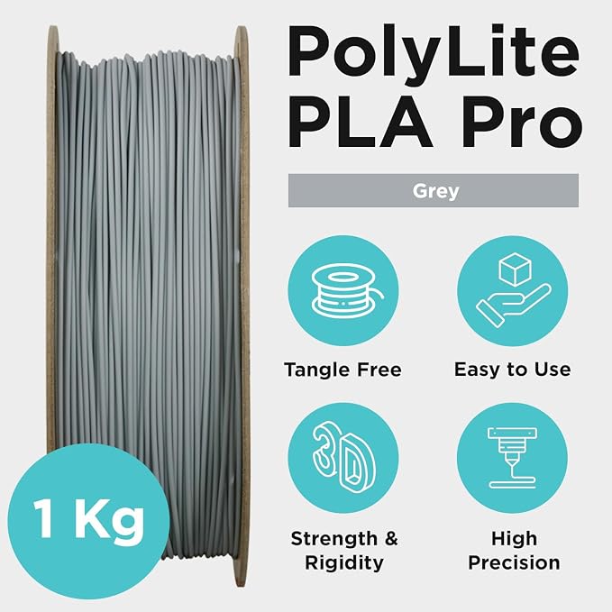 Polymaker PLA PRO Filament 1.75mm 1kg, Tough & High Rigidity Grey 3D Printing Filament, PolyLite PLA PRO High Speed, Print with Most 3D Printers