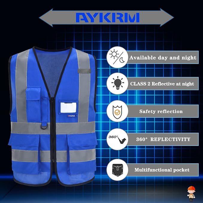 A-SAFETY High Visibility Reflective Vest, 7 Pockets, Zipper, Blue, 6XL-8XL | Blue 6XL-8XL Polyester work vest with 7 pockets, reinforced pockets and front zipper for data centers and mechanical work.