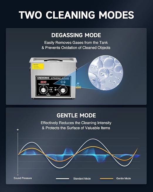 CREWORKS 6L Ultrasonic Cleaner with Heater and Timer, 180W Stainless Steel Ultrasonic Cleaner Machine with Degas & Gentle Modes, Ultrasonic Parts Cleaner with Knob Control for Jewelry Glasses Watch