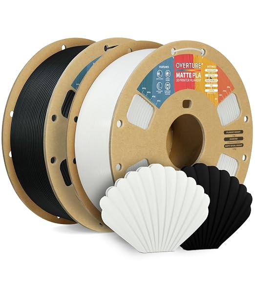 OVERTURE 2KG Bundle Matte PLA, Low Warp & Matte Surface 3D Printer Filament | Frosted Matt Finish Hides Layer Lines, 2 Pack 1kg Spool (2.2lbs) Cardboard Spool (Matte Black & White)