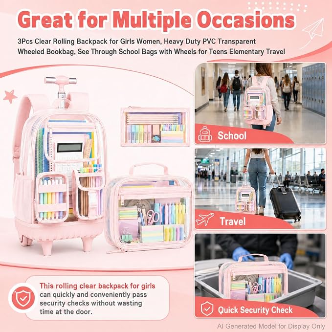CCJPX 3Pcs Clear Rolling Backpack for Girls Women, Heavy Duty PVC Transparent Wheeled Bookbag, See Through School Bags with Wheels for Teens Elementary Travel - Pink