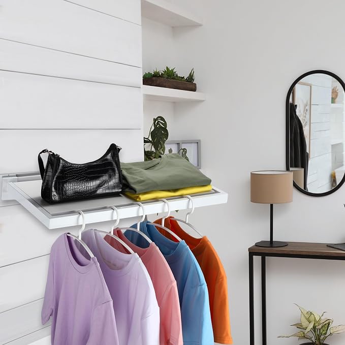Blulu 2 Pack Slatwall Shelf, 23. 6x11. 8 Inch Wooden Wall Shelves with Metal Rectangular Tubing U Shaped Hanger Slatwall Shelving Organizer Accessories for Home Retail Display (White)