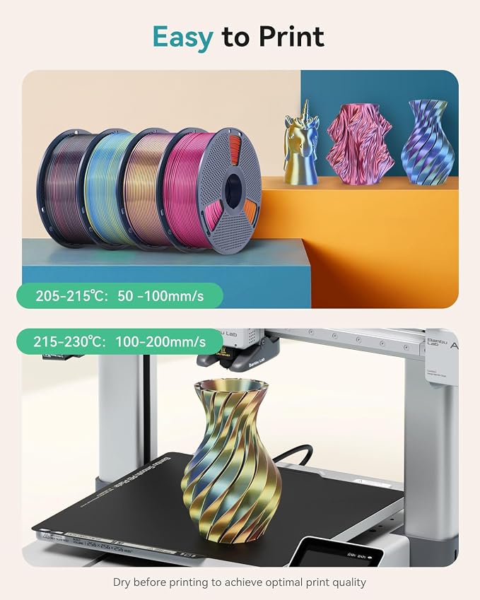 SUNLU Silk PLA+ Filament 1.75mm, Chrome Like Gloss Finish, Smooth Silk Texture, Four Color Appearance from Different Angles, 1kg(2.2lbs) PLA Plus 3D Printer Filament, Red Yellow Green Black