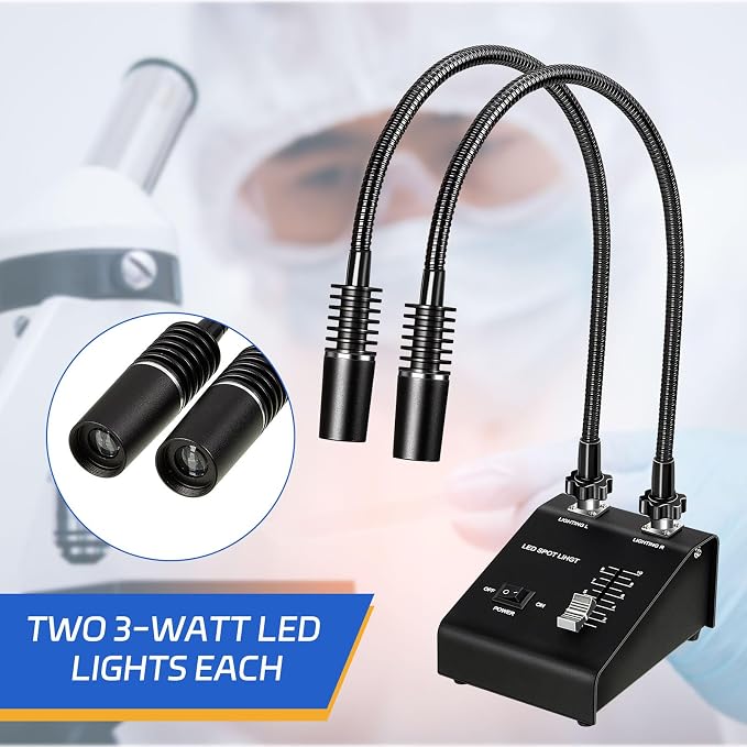 Baquler Microscope Light 6W 6500K Dual Gooseneck Spotlight Changeable LED Bulb Adjustable Illuminator Source for Industrial Biological Digital Stereo Microscope Camera, PCB Repair, Soldering