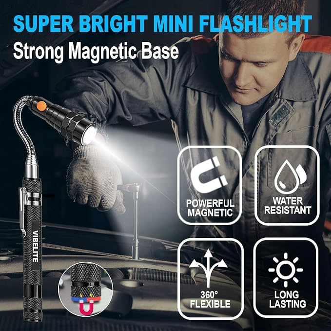 Extendable Magnetic Flashlight with Telescoping Magnet Pickup Tool-Cool Gadget, Fathers Day Dad Gifts, Birthday Gifts for Men, Dad, Husband, Him, Father, Mechanic, Boyfriend, Women, Black, 2 Pack