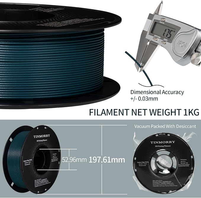 TINMORRY Carbon Fiber PETG Filament 1.75 mm, High Rigidity & Strength PETG CF 3D Printer Filament, Compatible with Most FDM 3D Printers, 1 KG 1 Spool, Peacock Green
