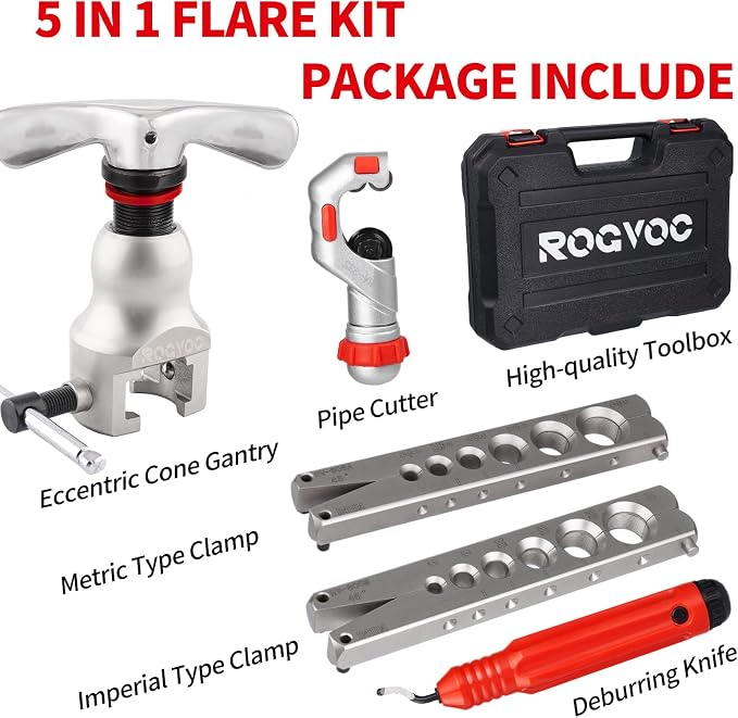 Flaring Tool Kit for 1/4-3/4 inch HVAC Copper Flare Tool with Metric and Imperial Clamps 45 Degree Eccentric Tube Flaring Gauge Flaring Tool Set for Copper Aluminum Pipe with Deburring Tool