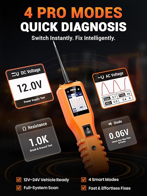 KZYEE KM10 Power Circuit Probe Tester with Live Waveform Display & Component Activation, 12V–24V Automotive Electrical Tester for Short Finding, Wire Tracing & Circuit Diagnostics, 40FT Reach