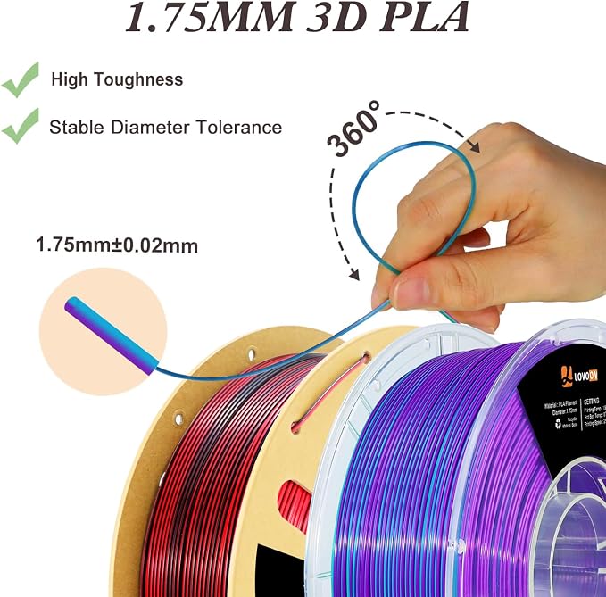 LOVOON Silk PLA Filament 1.75mm, 2KG Bundle 3D Printer Filament, 3D Printing Filament Shiny Change by Angle, Dual Color Black/Red and Blue/Purple, 1KG X 2 Spools