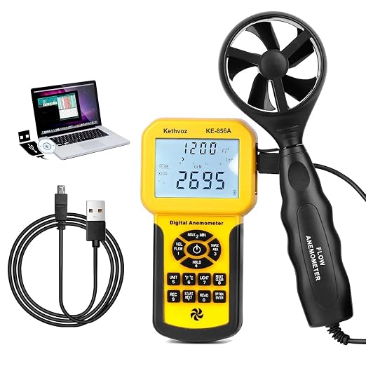 Kethvoz 856A HVAC Anemometer, Commercial CFM/CMM Air Flow Tester w/USB Data Storage & PC Connect - Measures Wind Speed, Air Volume, Temperature for AC, Ducts, Dust Collection Systems