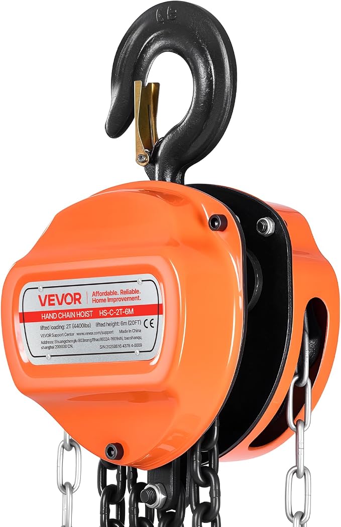 VEVOR Hand Chain Hoist, 2 Ton 4400 lbs Capacity, Manual Chain Block with Upgrade G80 Galvanized Chain, 20 ft Lifting Height, Heavy Duty Pulley Hoist for Garage Warehouse Automotive Machinery, Orange
