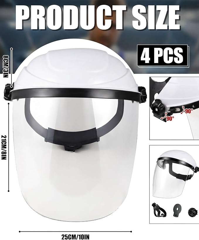 Tellegloww 4 Pcs Clear Safety Face Shield for Grinding & Cutting, Lightweight Full Impact Resistant with Adjustable Ratcheting Headgear Face Shield Mask for Work Chemical Woodworking Industrial, White