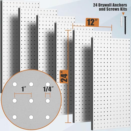 PBHEPJ 6 Pcs Metal Pegboard Panels, Heavy Duty Peg Boards for Garage and Garden Tool Storage, Includes Drywall Anchors and Screws Kits, White