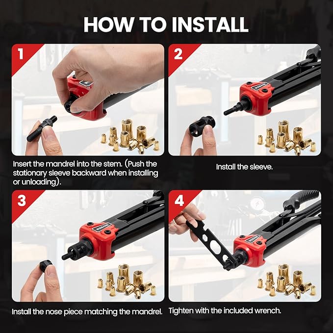 Rivet Nut Tool, 16" Heavy Duty Rivnut Tool Kit with 15PCS Metric/SAE Mandrels, 290PCS Rivet Nuts, 2 Step Drills, Wrench, Gloves & Carrying Case, Auto Release Nut Design