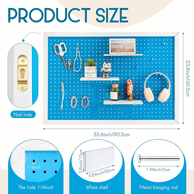 Weysat 36 x 24 Inch Framed Wood Pegboard Wall Organizer, Large Blue Decorative Peg Board Kit with 3 White Shelves and 18 Accessories, Wall Mounted Craft Storage Display for Room, Office, Sewing Room